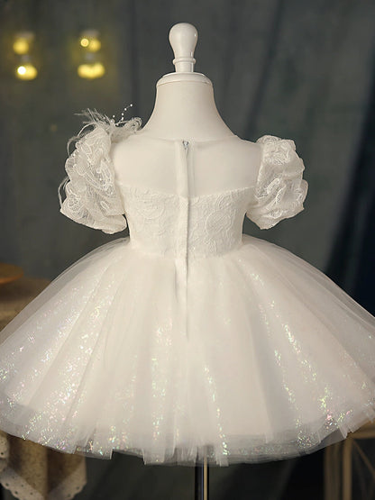 White Puffy Ball Gown Flower Girl Dress - Sweetheart Neck, Sequin & Lace | Cute Kids Party Dress
