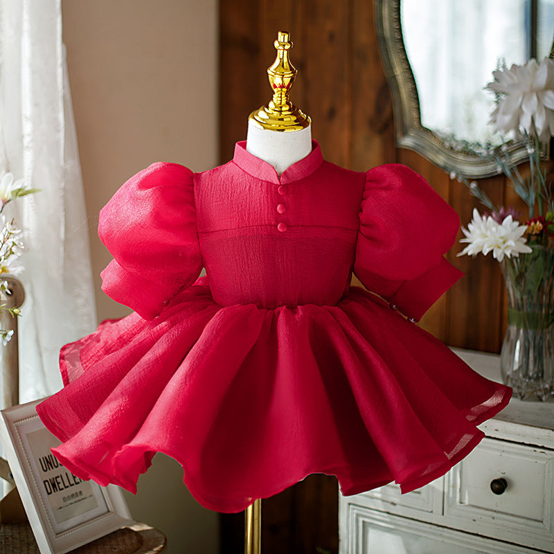 Girls' Puffy Red Party Dress with Bow – Knee-Length Princess Gown for Events
