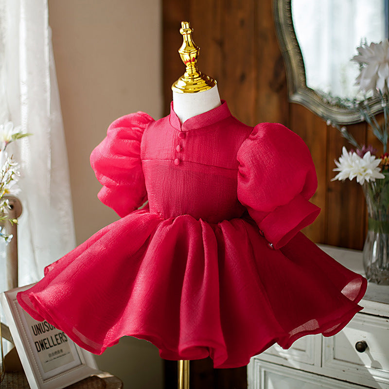 Girls' Puffy Red Party Dress with Bow – Knee-Length Princess Gown for Events