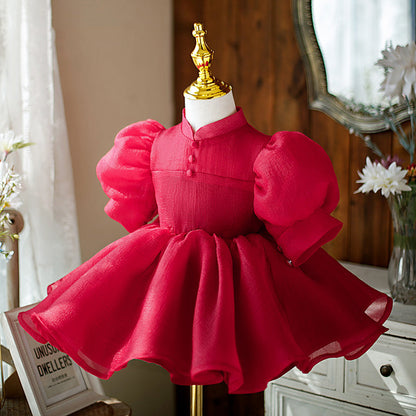 Girls' Puffy Red Party Dress with Bow – Knee-Length Princess Gown for Events