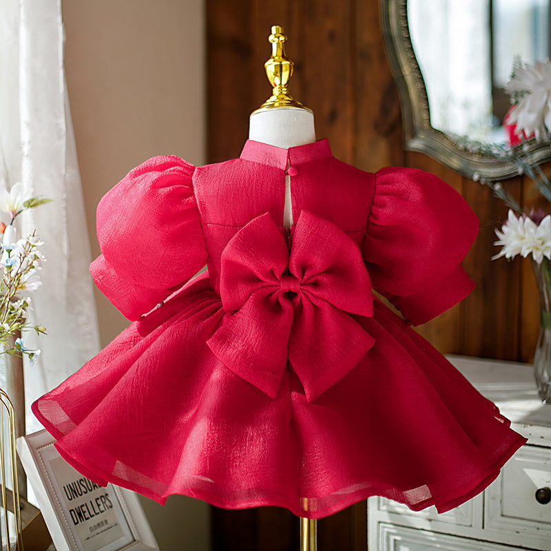 Girls' Puffy Red Party Dress with Bow – Knee-Length Princess Gown for Events