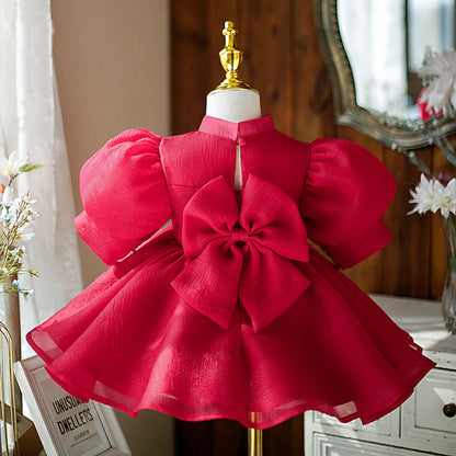 Girls' Puffy Red Party Dress with Bow – Knee-Length Princess Gown for Events