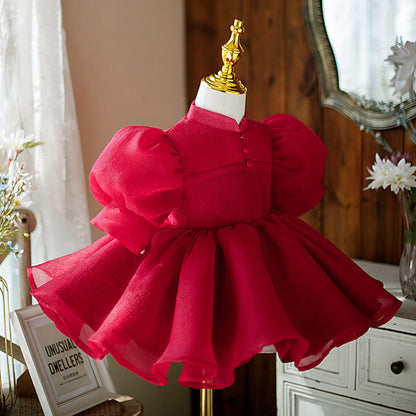 Girls' Puffy Red Party Dress with Bow – Knee-Length Princess Gown for Events