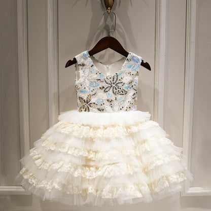 White Puffy Sequin Tea-Length Flower Girl Party Dress | Cute Ball Gown for Special Occasion