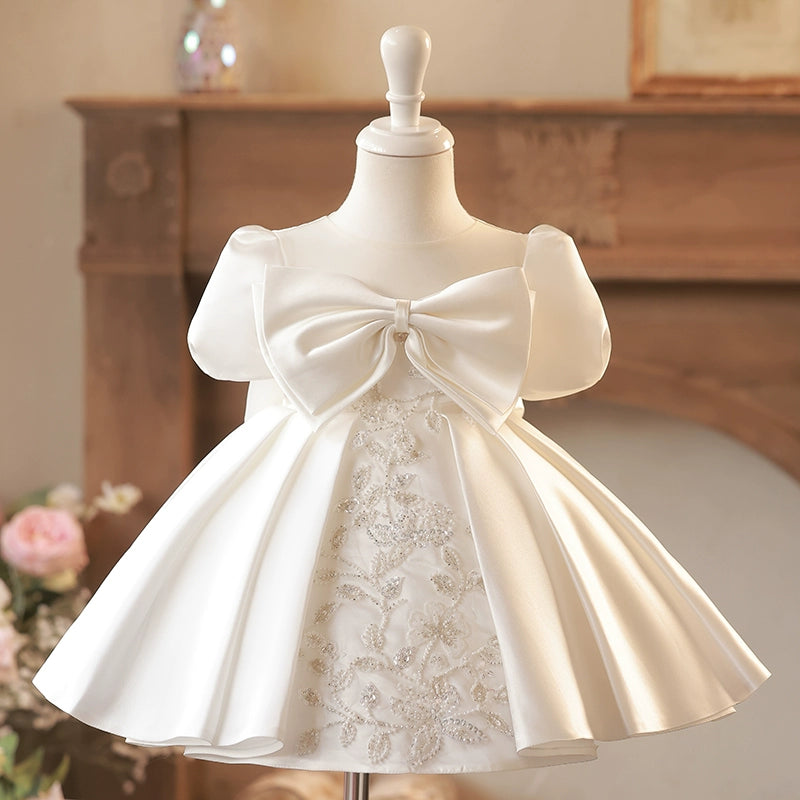 cute fluffy dresses Puffy White Satin Flower Girl Dress - Illusion Neckline, Sequins & Bow Glitter Mermaid Evening Dresses,Royal Holiday Dresses In Bra Yes Color Size:16 1/2 34/35 Slim
