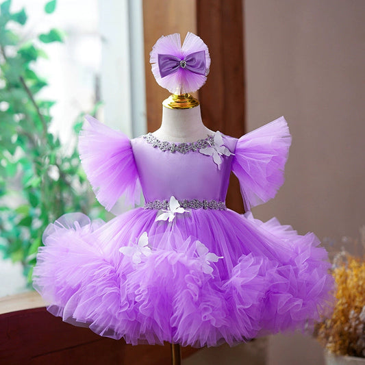Purple Puffy Ball Gown Flower Girl Dress – Princess Style for Parties & Weddings