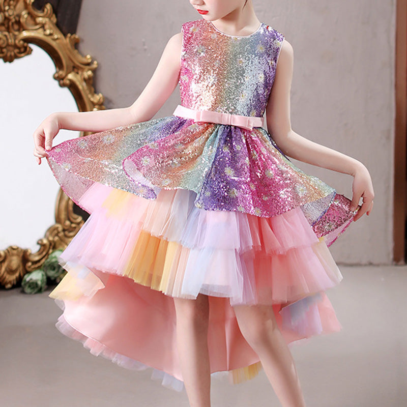 Rainbow Sequin High-Low Party Dress for Girls | Cute A-Line Tulle Pageant Gown