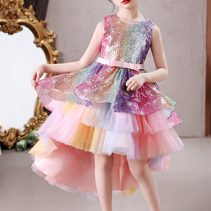 Rainbow Sequin High-Low Party Dress for Girls | Cute A-Line Tulle Pageant Gown