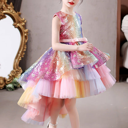 Rainbow Sequin High-Low Party Dress for Girls | Cute A-Line Tulle Pageant Gown