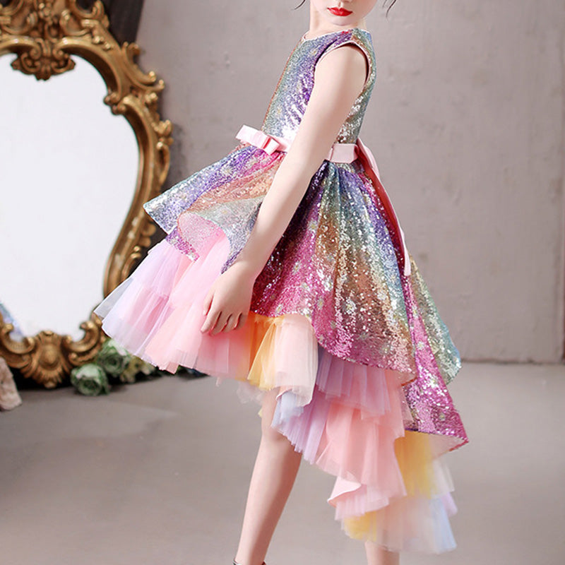 Rainbow Sequin High-Low Party Dress for Girls | Cute A-Line Tulle Pageant Gown