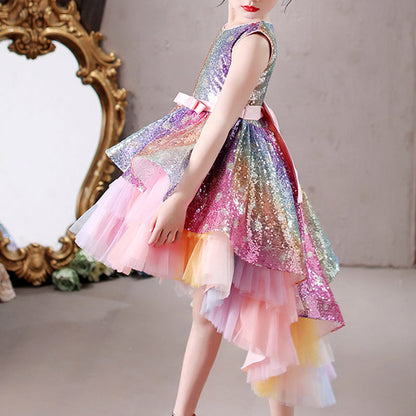 Rainbow Sequin High-Low Party Dress for Girls | Cute A-Line Tulle Pageant Gown