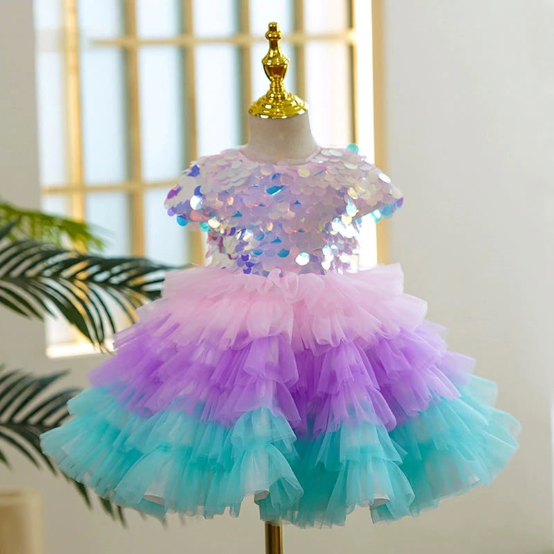 Rainbow Princess Flower Girl Dress – Puffy Sequin Tulle Gown for Parties & Weddings