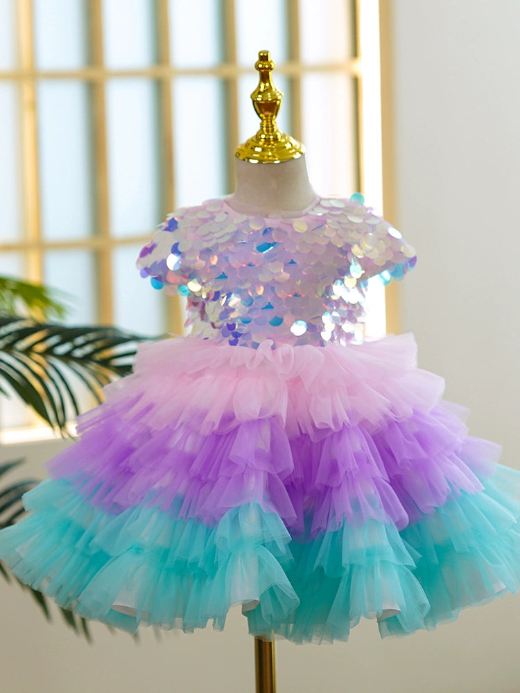 Rainbow Princess Flower Girl Dress – Puffy Sequin Tulle Gown for Parties & Weddings