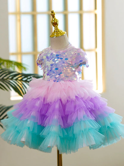 Rainbow Princess Flower Girl Dress – Puffy Sequin Tulle Gown for Parties & Weddings