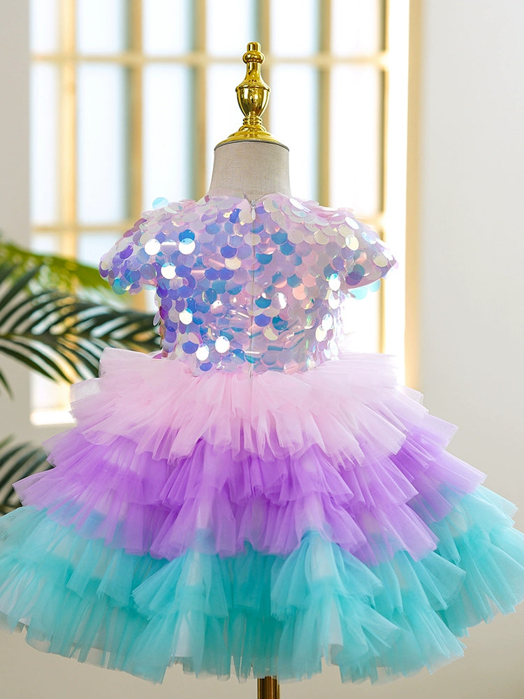 Rainbow Princess Flower Girl Dress – Puffy Sequin Tulle Gown for Parties & Weddings