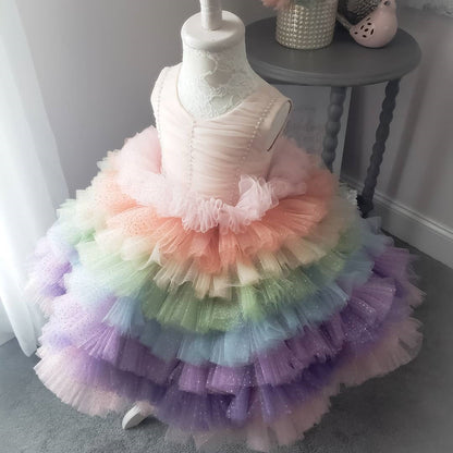 Rainbow Sequin Tiered Tulle Princess Dress for Girls - Birthday & Party Dress