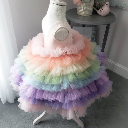 Rainbow Sequin Tiered Tulle Princess Dress for Girls - Birthday & Party Dress