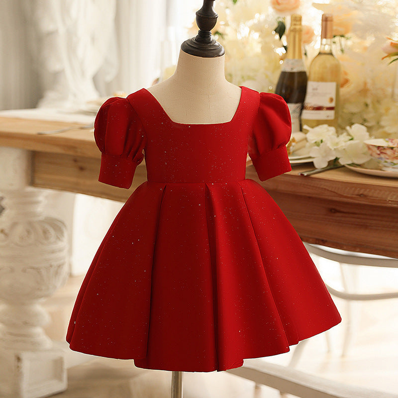 Red Princess Dress for Girls – A-Line Bow & Ruffle Party Dress