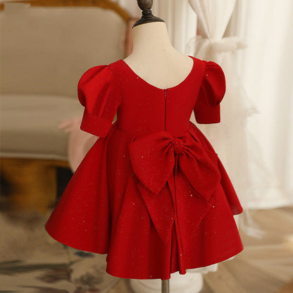 Red Princess Dress for Girls – A-Line Bow & Ruffle Party Dress