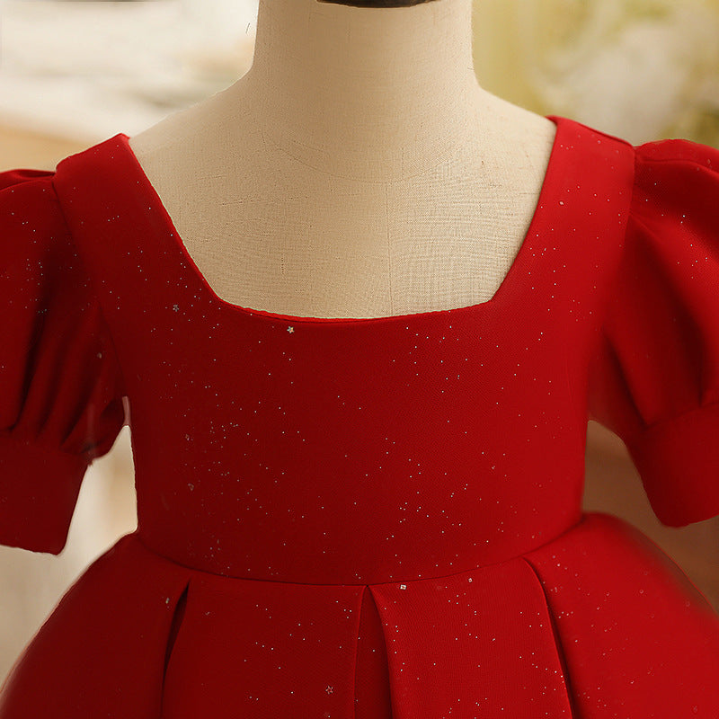 Red Princess Dress for Girls – A-Line Bow & Ruffle Party Dress