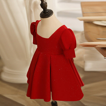 Red Princess Dress for Girls – A-Line Bow & Ruffle Party Dress