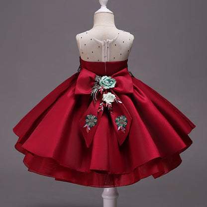 Red Embroidered Flower Girl Dress – Cute Tea-Length Party Dress for Toddler & Kids