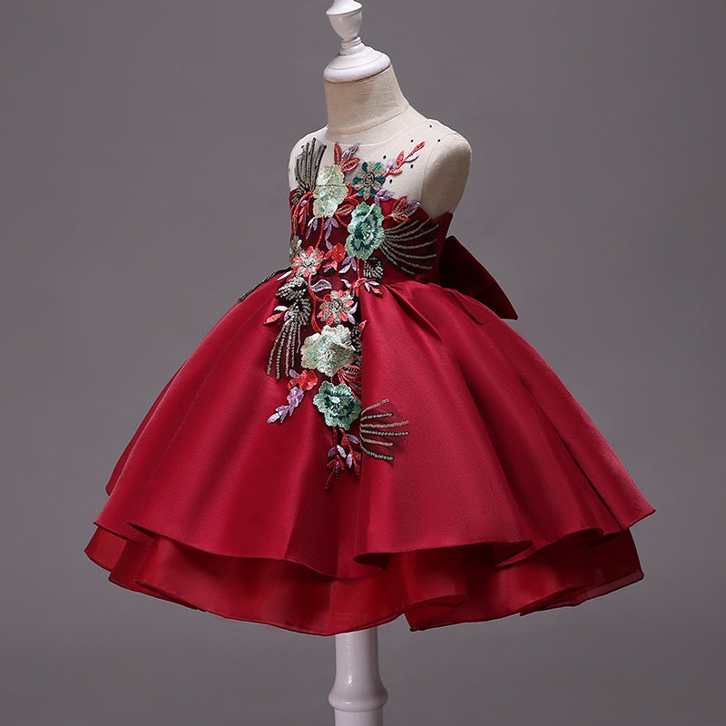 Red Embroidered Flower Girl Dress – Cute Tea-Length Party Dress for Toddler & Kids