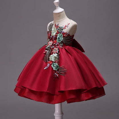 Red Embroidered Flower Girl Dress – Cute Tea-Length Party Dress for Toddler & Kids