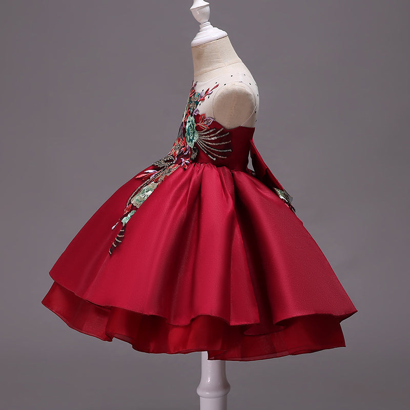 Red Embroidered Flower Girl Dress – Cute Tea-Length Party Dress for Toddler & Kids