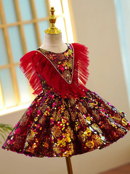 Red Puffy Sequin Flower Girl Dress | Princess Style Ball Gown for Parties