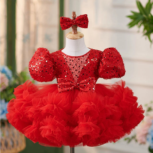 Red Puffy Tulle Flower Girl Dress with Sequins – Kids Party & Wedding Dress