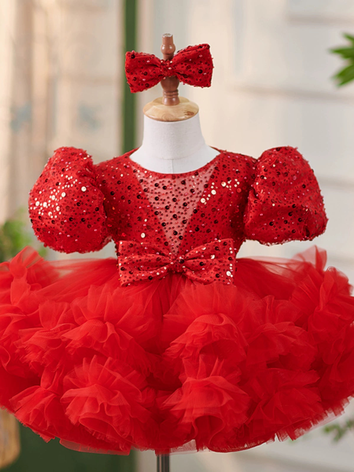 Red Puffy Tulle Flower Girl Dress with Sequins and Bowknot - Red / 11-12 Years (160cm) - Fleur Kids Red Puffy Tulle Flower Girl Dress with Sequins and Bowknot - Red / 11-12 Years (160cm) - Fleur Kids