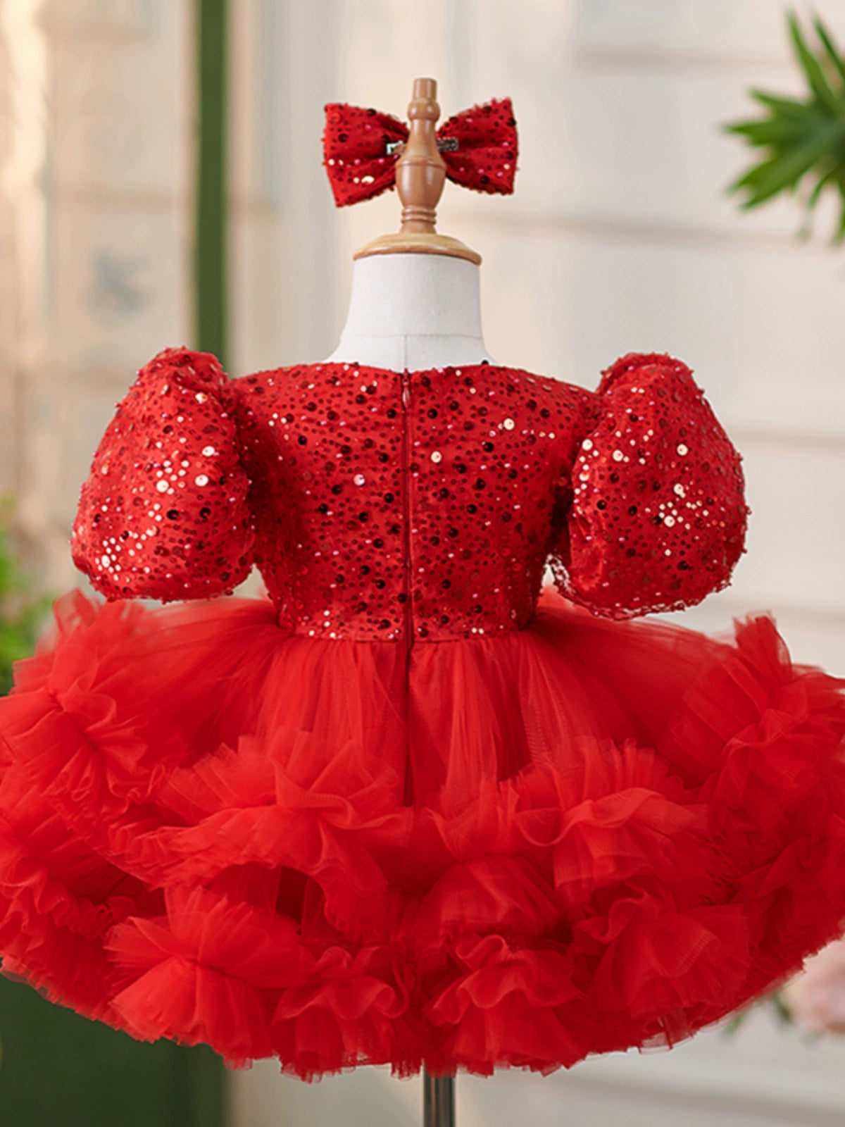 Red Puffy Tulle Flower Girl Dress with Sequins – Kids Party & Wedding Dress