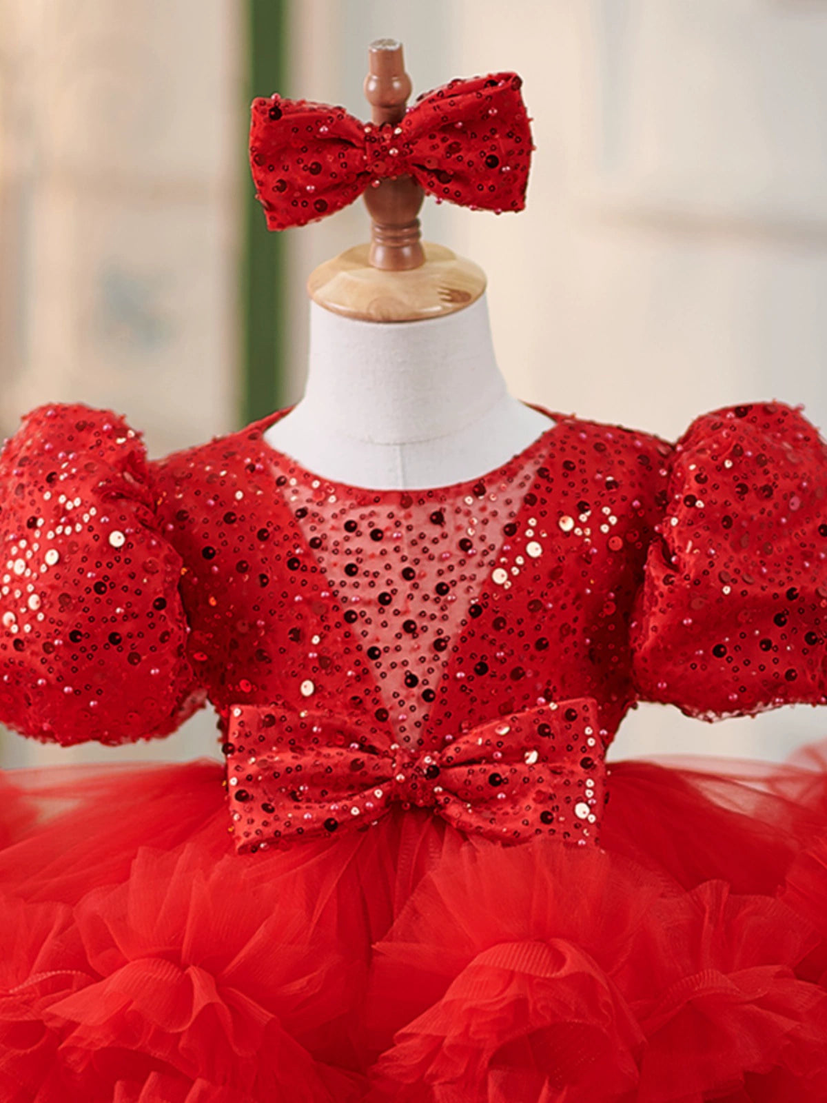 Red Puffy Tulle Flower Girl Dress with Sequins – Kids Party & Wedding Dress