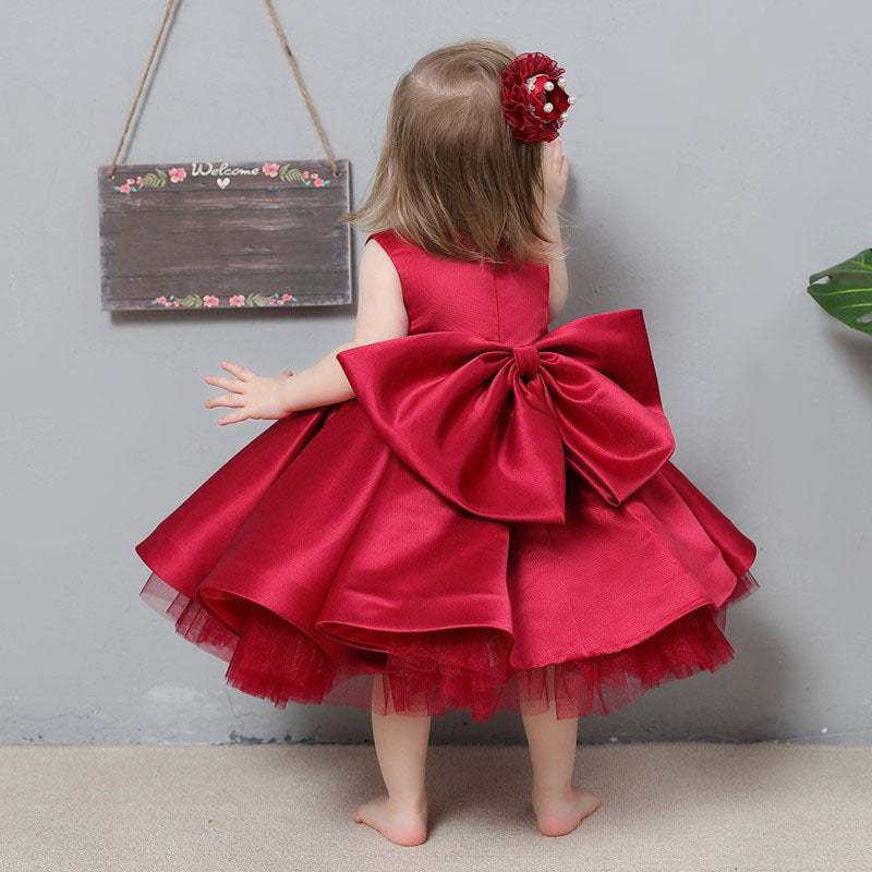 Red Flower Girl Party Dress - Satin A-Line Princess Dress for Girls