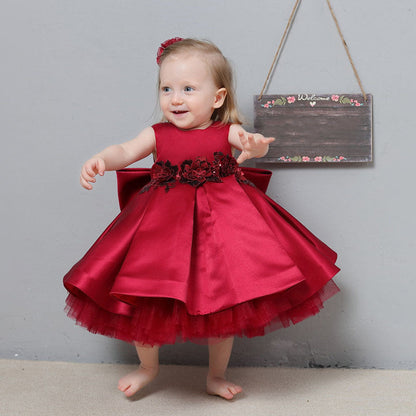 Red Flower Girl Party Dress - Satin A-Line Princess Dress for Girls