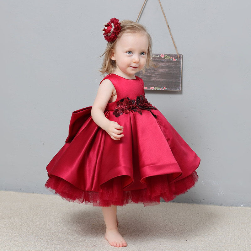 Red Flower Girl Party Dress - Satin A-Line Princess Dress for Girls