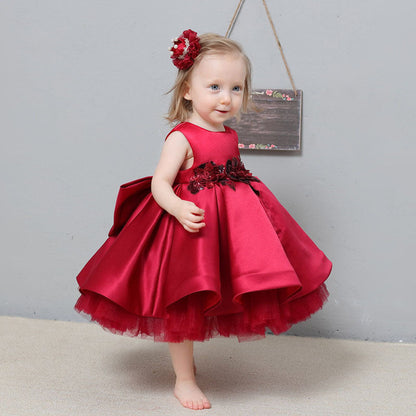 Red Flower Girl Party Dress - Satin A-Line Princess Dress for Girls