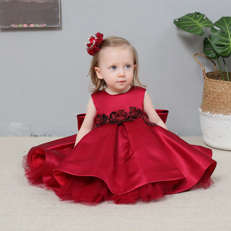 Red Flower Girl Party Dress - Satin A-Line Princess Dress for Girls