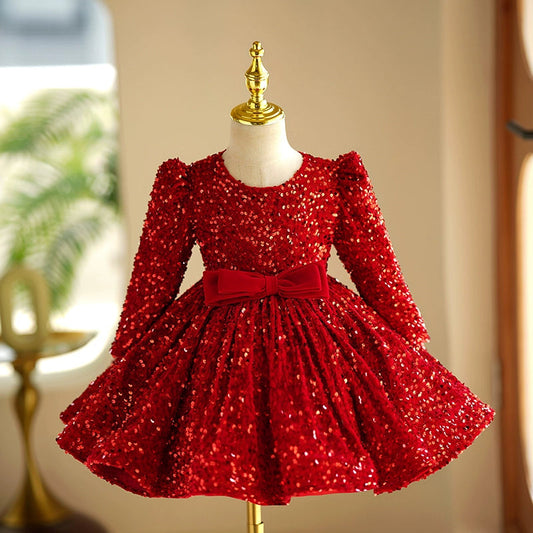 Red Sequin Princess Puffy Dress for Girls – Ball Gown Party & Wedding Gown