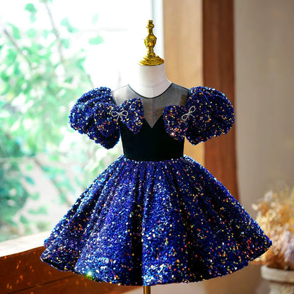 Royal Blue Princess Sequin Ball Gown Flower Girl Dress Knee Length Puffy Party Dress FleurKids Royal Blue Princess Sequin Ball Gown Flower Girl Dress Knee Length Puffy Party Dress FleurKids