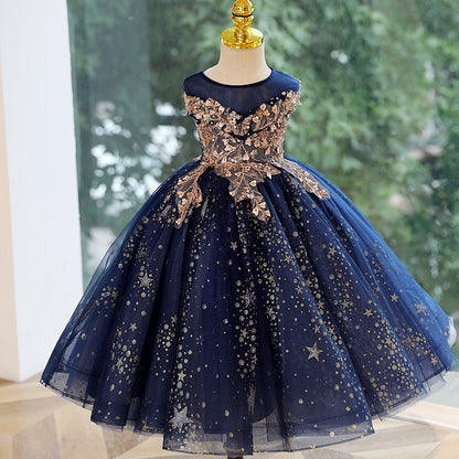 Royal Blue Starry Princess Party Dress for Girls | Tulle A-Line Flower Girl Dress