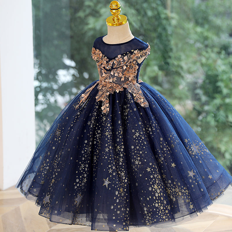 Royal Blue Starry Princess Party Dress for Girls | Tulle A-Line Flower Girl Dress