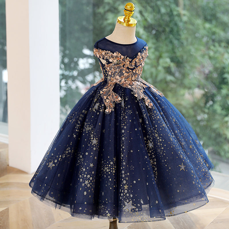 Royal Blue Starry Princess Party Dress for Girls | Tulle A-Line Flower Girl Dress