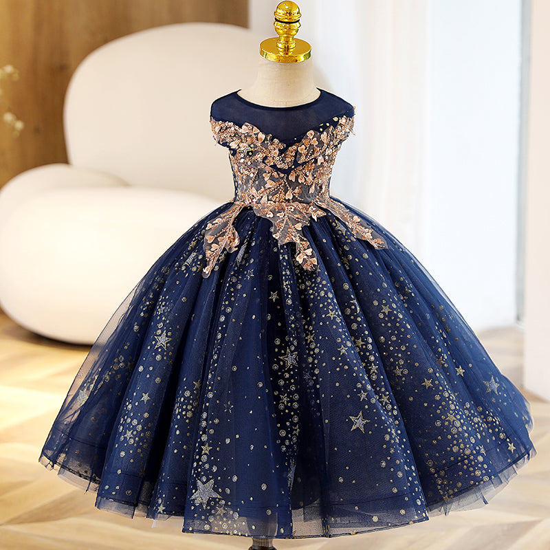 Royal Blue Starry Princess Party Dress for Girls | Tulle A-Line Flower Girl Dress
