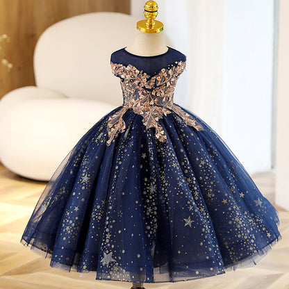 Royal Blue Starry Princess Party Dress for Girls | Tulle A-Line Flower Girl Dress