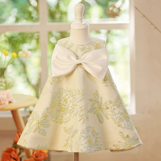 Sage Green Satin Flower Girl Dress – Bowknot & Floral Print Party Wear