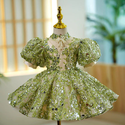 Sage Green Sequin Ball Gown Puffy Flower Girl Dress - Sage Green / 11-12 Years (160cm) - Fleur Kids Sage Green Sequin Ball Gown Puffy Flower Girl Dress - Sage Green / 11-12 Years (160cm) - Fleur Kids