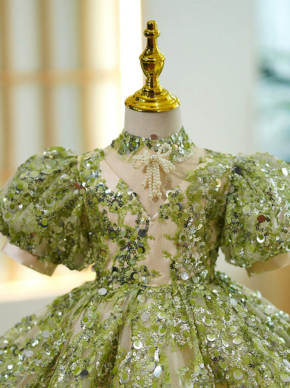 Sage Green Sequin Ball Gown Puffy Flower Girl Dress – Princess Fairy Style for Parties & Weddings