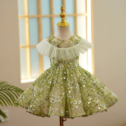 Sage Green Sequin Puffy Flower Girl Dress - Sage Green / 3-4 Years (110cm) - Fleur Kids Sage Green Sequin Puffy Flower Girl Dress - Sage Green / 3-4 Years (110cm) - Fleur Kids